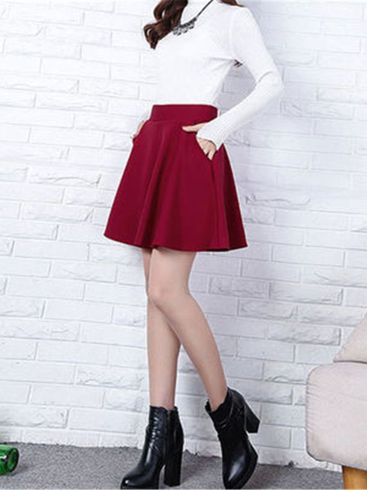 Jupe Femme Taille M-3XL Plissée Poches Solides Taille artificiel astique Jupe Moyenne ChimAll-match Office Lady Respectueux de la Peau Élégant