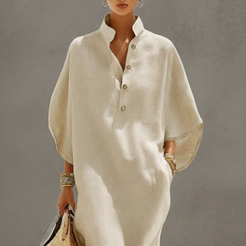 Robe longue bohème pour les vacances d'été, robe de soirée élégante à col montant et boutons pour femme, robe maxi ample à manches chauve-souris pour le printemps