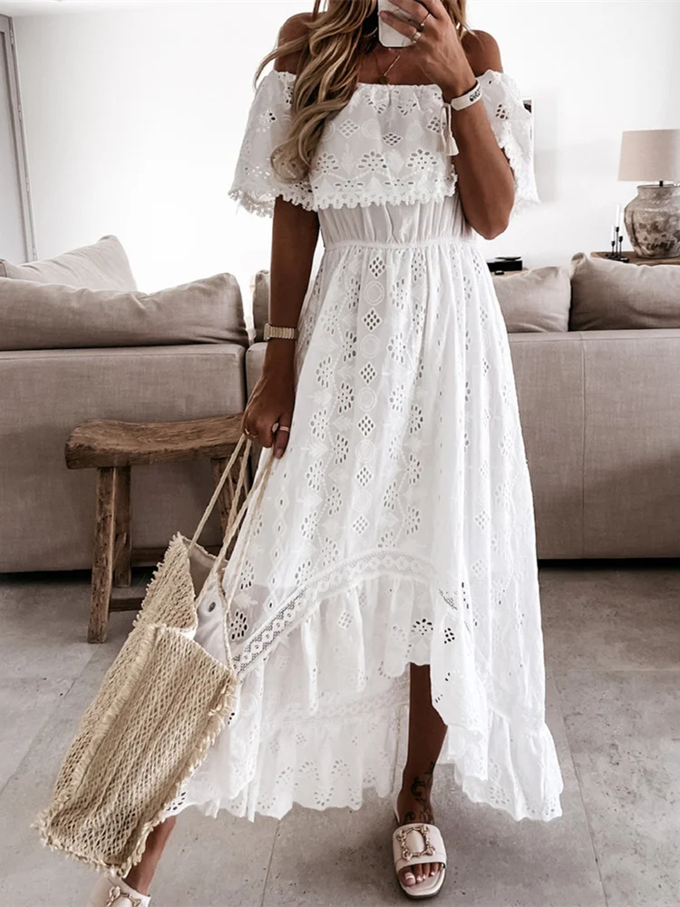 Femmes bohème blanc robe longue à manches courtes épaules dénudées dentelle à volants robe ample vacances d'été plage robes décontractées femme
