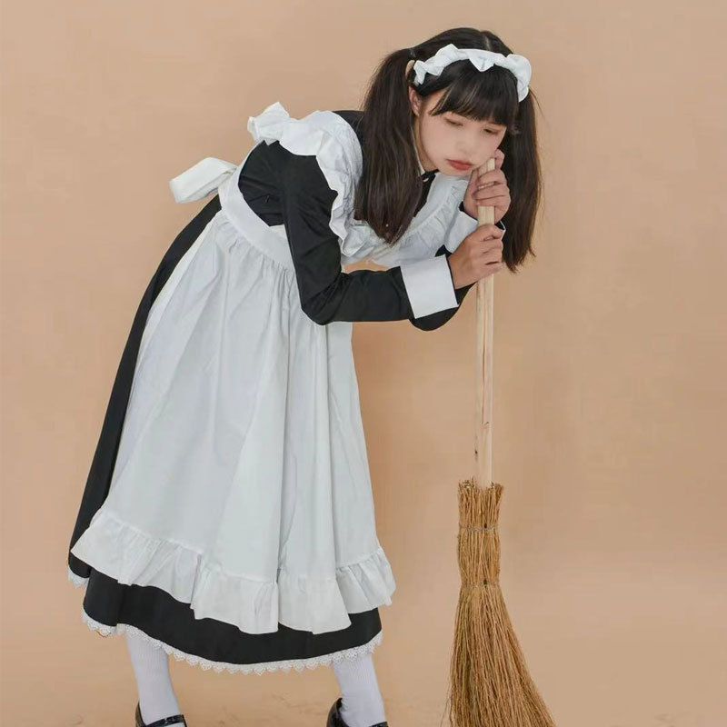 Robe de demoiselle d'honneur Lolita, uniforme noir Kawaii, costume de nounou, pour femmes, adolescentes, filles, tenue de serveuse britannique Kodona avec tablier