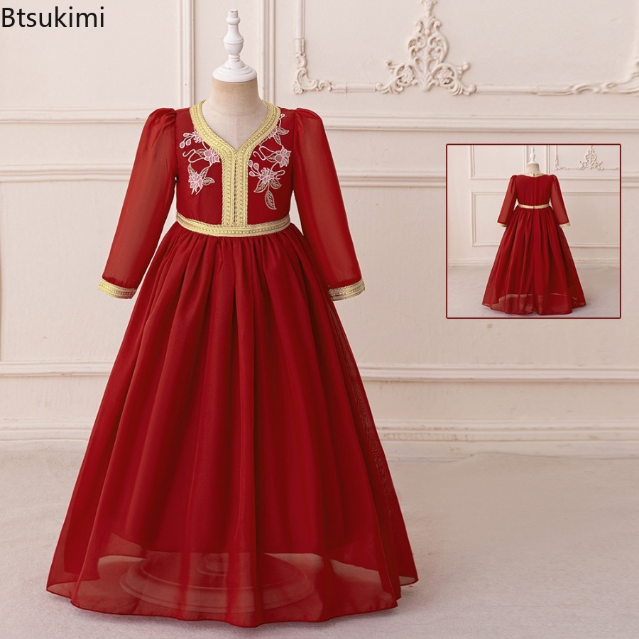 Robes pour filles de Dubaï du Moyen-Orient, mode musulmane, broderie Abayas, dentelle arabe, paillettes, manches longues, robes pour enfants, robes du Ramadan