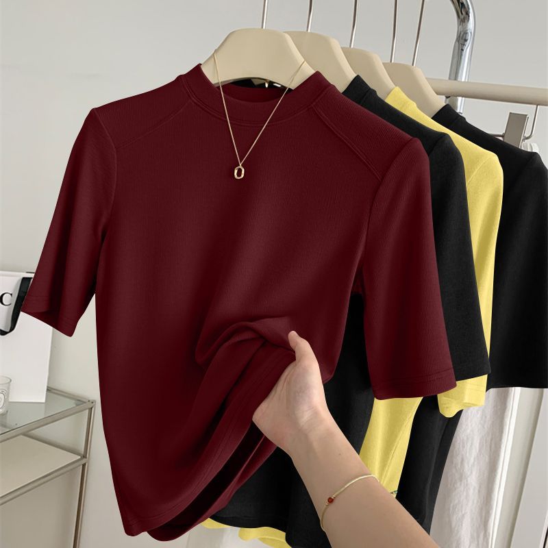 Haut à manches mi-longues pour femme, printemps-automne, col montant, coupe ajustée, nouveau t-shirt polyvalent, vêtement décontracté et tendance