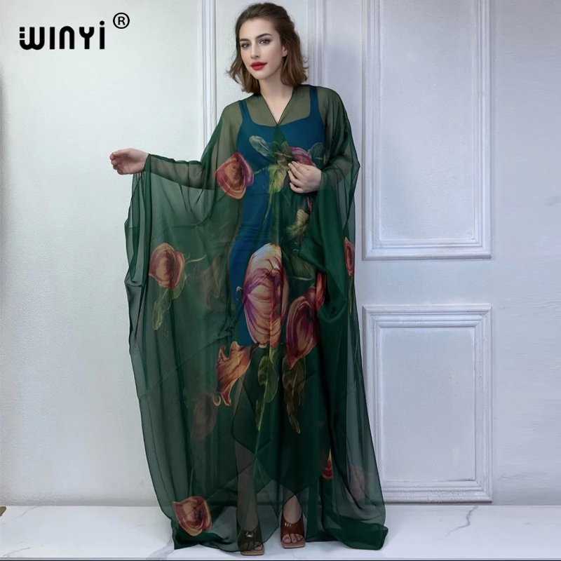 WINYI Kimono de défilé pour femme, imprimé, à ourlet bouffant, manteau à manches longues, cardigan, abaya, vêtement de plage de luxe de Dubaï, robe bohème, caftan