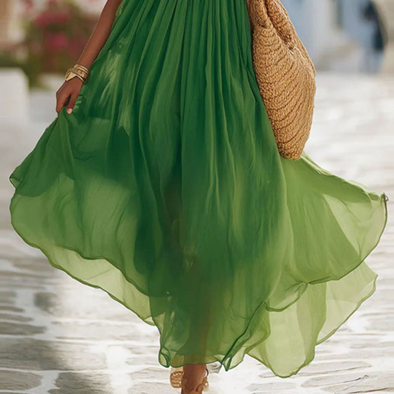Robe longue plissée ample à col en V et dentelle pour femme, style bohème, sans manches, idéale pour le printemps et l'été, parfaite pour les vacances