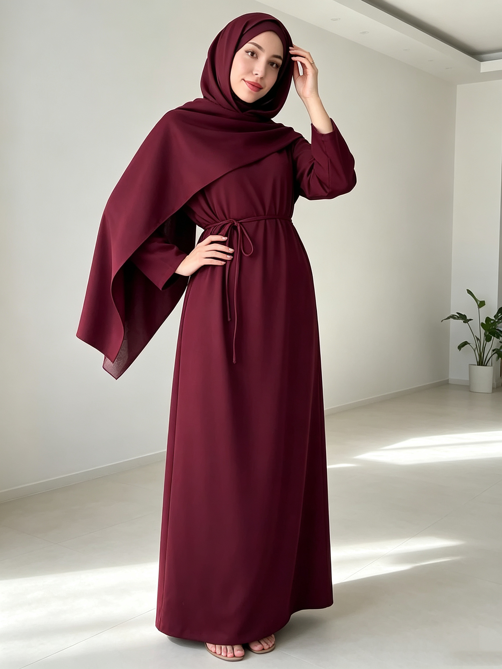 Robe longue élégante décontractée pour femmes, style musulman, couleur unie, manches longues, jupe à lacets