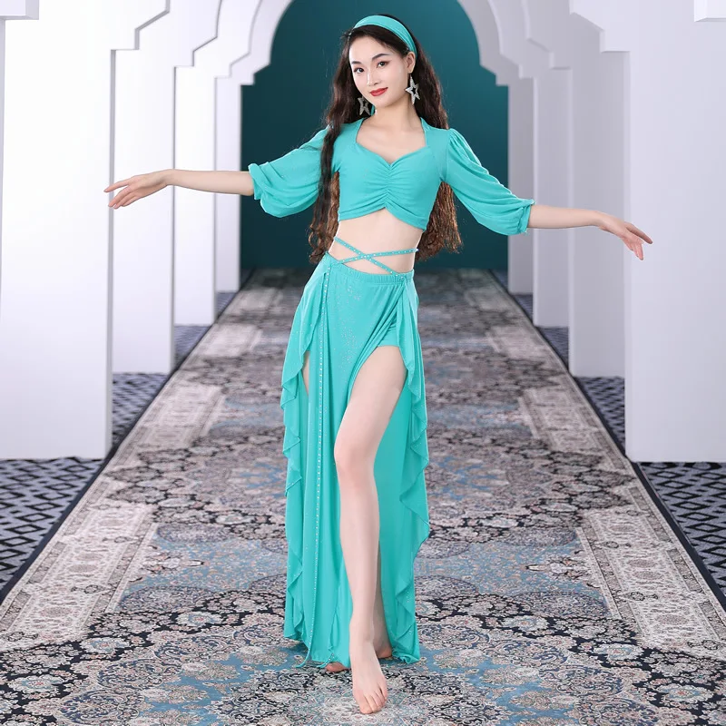 Haut en maille à manches courtes imbibé de danse du ventre pour femmes, jupe fendue, ensemble de vêtements d'entraînement, vêtements de performance élégants, été