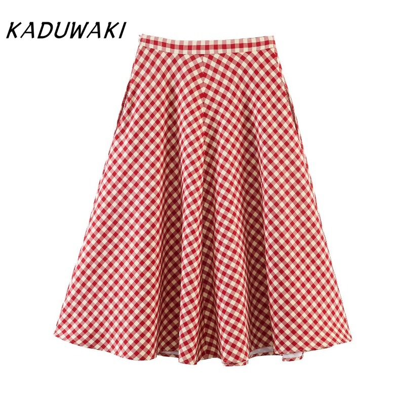 Jupe mi-longue élégante KADUWAKI pour femme, imprimé gingham rouge, coupe trapèze, ourlet évasé, taille haute, décontractée pour pique-niques et sorties en extérieur