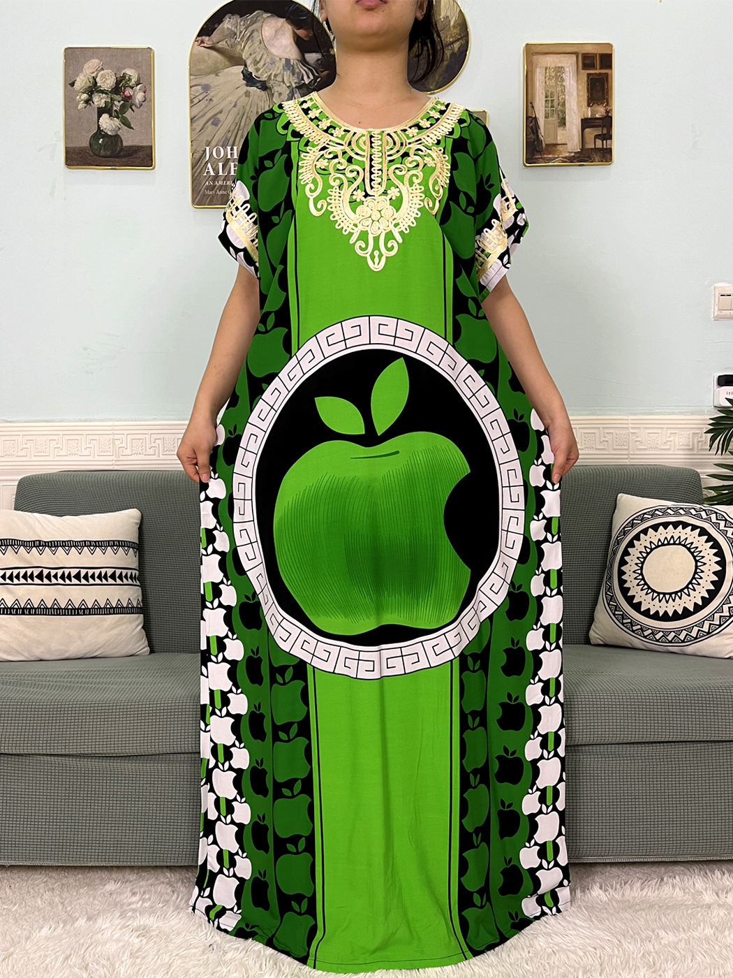 Abayas musulmanes imprimées Apple pour femmes, coton, manches courtes, caftan marocain, boubou adt, robe nigériane, robes avec turban