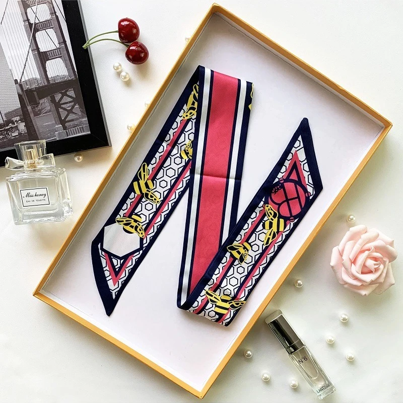 Écharpe fine d'été de luxe pour femme, motif abeille géométrique, en soie sergé, pour cheveux ou sac, à nouer comme foulard ou bandeau