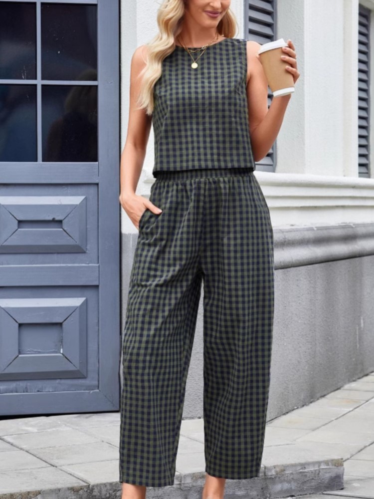 Mode femmes pantalons ensemble imprimé Plaid sans manches 2025 printemps été décontracté gilet neuf points pantalon vêtements de maison femme 2 pièces ensemble
