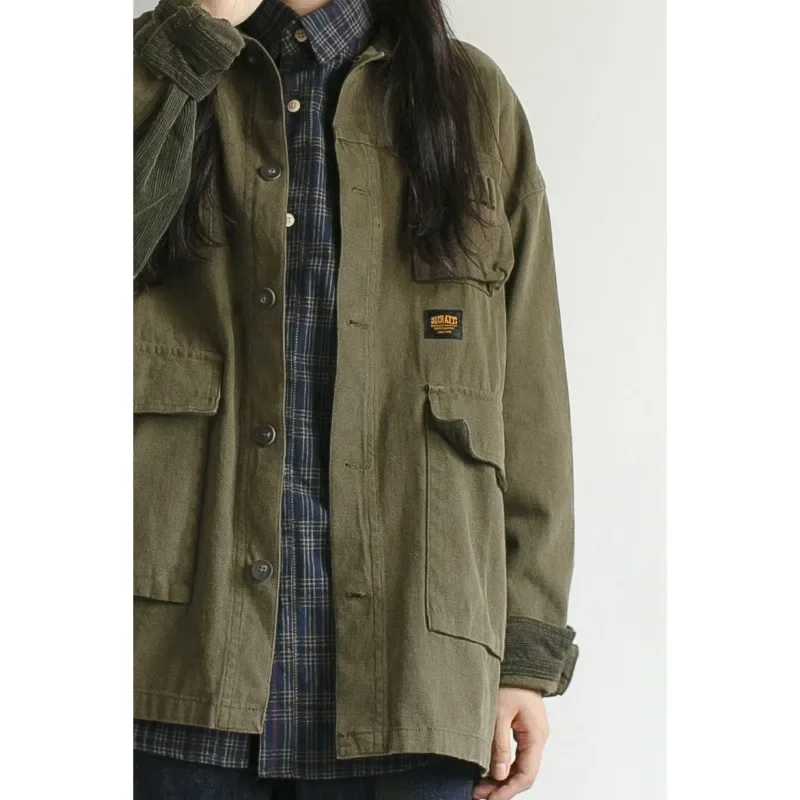 Japonais Cargo Vintage femmes hommes printemps automne vêtements Harajuku coton manteau militaire poche boutons vêtements de travail Streetwear