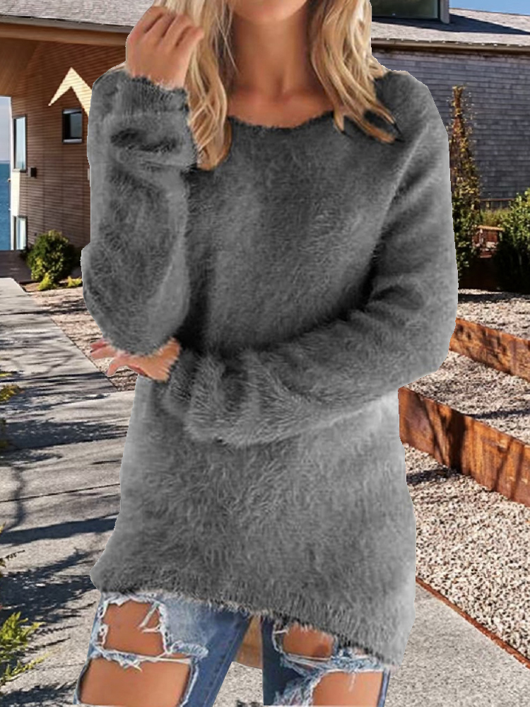 Chandails pour femmes confortable à manches longues col rond décontracté couleur unie Vintage tricoté femme élégant hiver pull chaud chandails