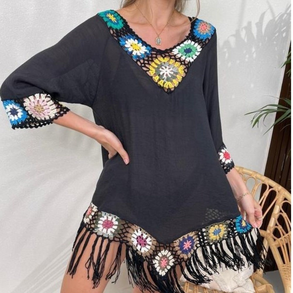 Robe de plage décontractée pour femme, style cache-maillot de bain, à franges, design ajouré, col en V, motif crochet