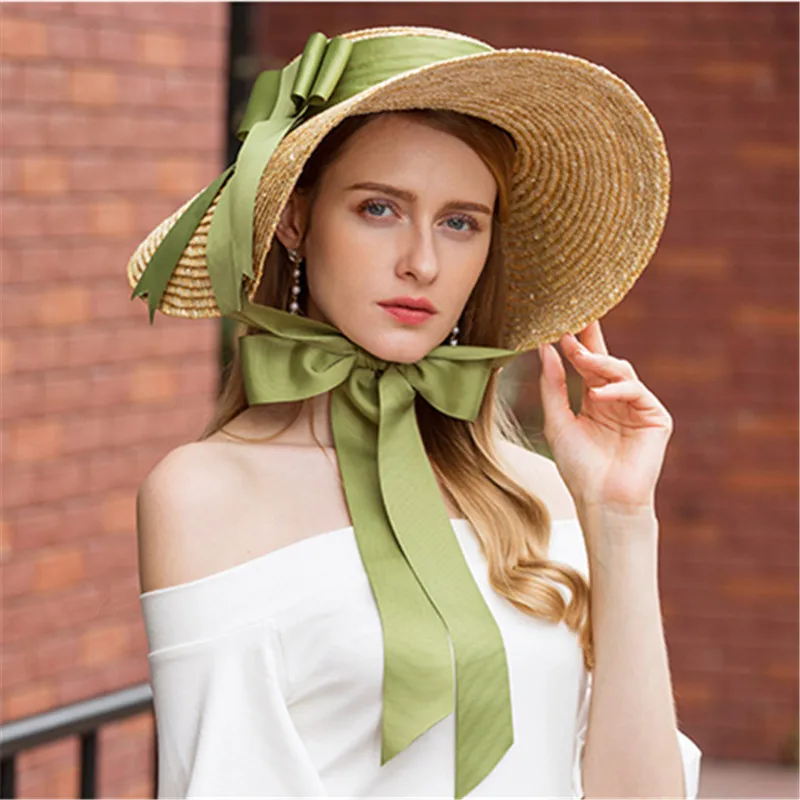 Chapeaux de plage à large bord pour femmes, 15/18cm, élégant, romantique, grand chapeau de soleil avec Protection Uv, avec cravate au cou, casquettes de paille surdimensionnées à dessus plat