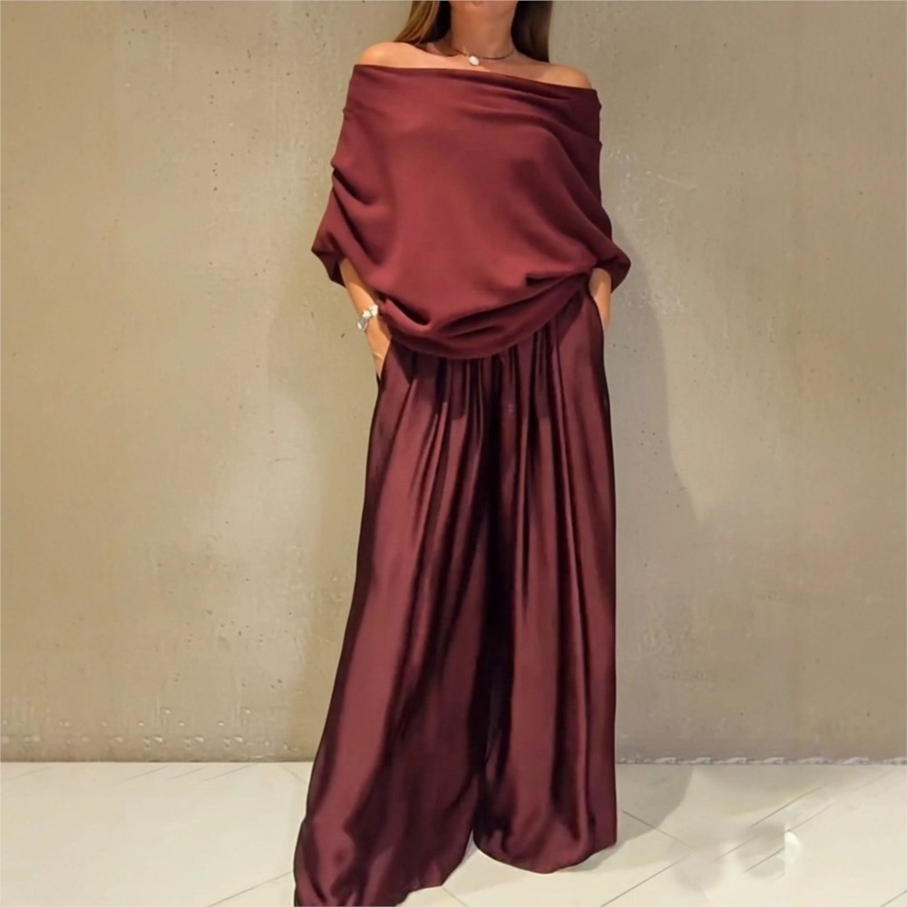 Mode Satin Sexy épaules dénudées femmes à manches longues T-shirt pantalon costume automne élégant femme ample jambe large pantalon 2 pièces ensemble