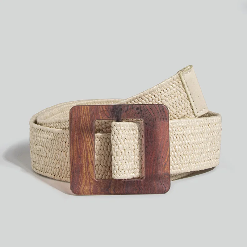 Ceinture élastique en paille tissée pour femmes, élégante, style bohème, plage, motif géométrique, réglable, accessoire fait à la main, été