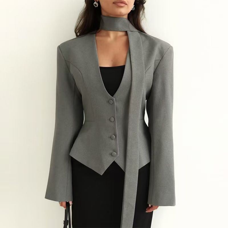 Veste de costume décontractée à manches longues pour femme, nouvelle collection automne 2025, couleur unie, col en V, avec écharpe décorative