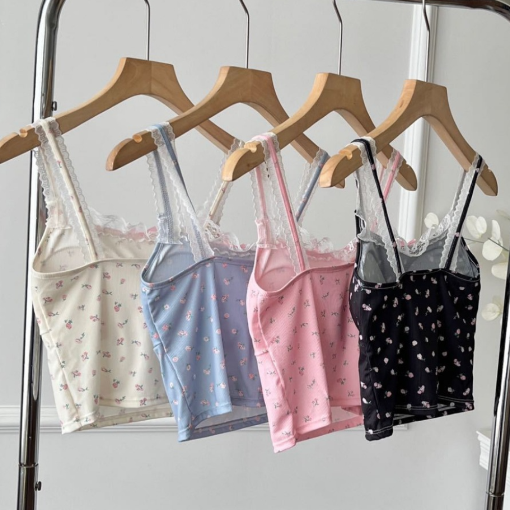 Débardeur court décontracté en soie glacée à motifs floraux, avec coussinets, sans manches, en dentelle, avec nœud, coupe ajustée et élastique, pour fille, style plage