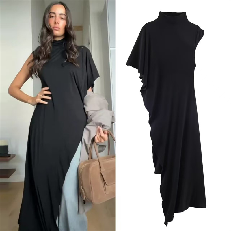Haut pour femme, nouvelle collection printemps 2026, noir, manches courtes, col montant, asymétrique, plissé, décoratif, élégant et stylé