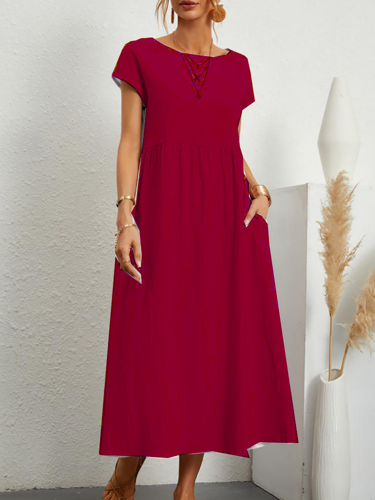 Robe longue Vintage en coton et lin pour femmes, couleur unie, élégante, col rond, manches courtes, décontractée, ample, été, 2023