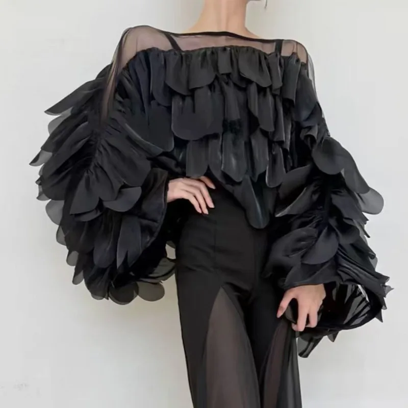 Femmes printemps haut d'automne chemise manches chauve-souris à volants irrégulier nouveau rétro Simple confortable ample décontracté nouvelle Niche douce polyvalente