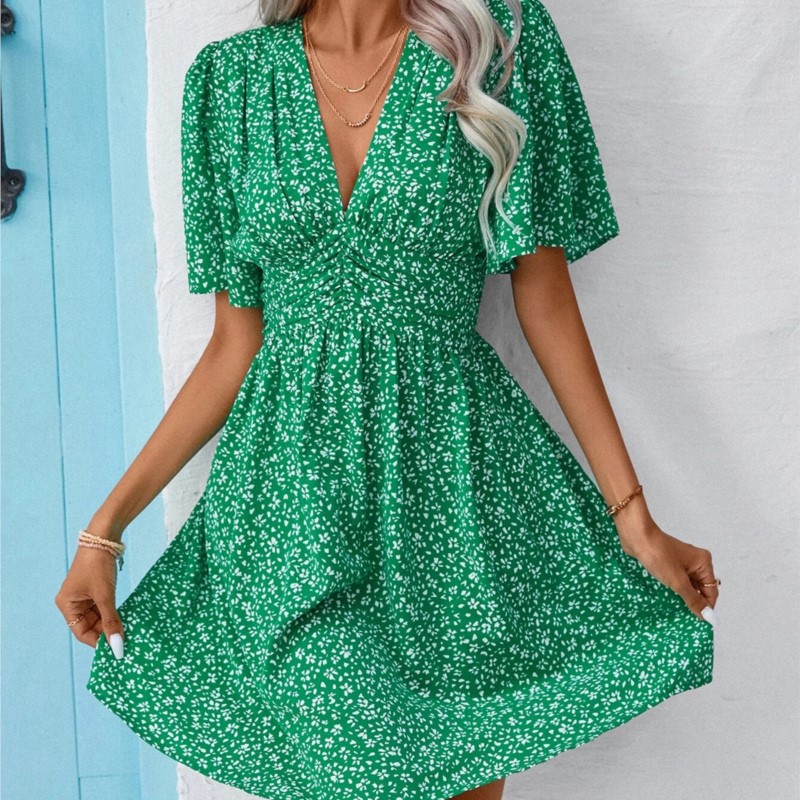Mini robe plissée à fleurs fragmentées pour femmes, col en V, manches moyennes, imprimé, taille haute, élégante, nouvelle mode, été, éducatif