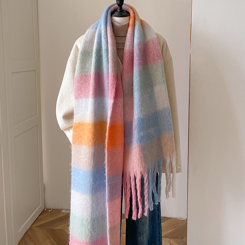 Foulard à carreaux en cachemire pour femme, châle et enveloppe chauds d'hiver, Bandana Pashmina, Long pompon, épais et vierge, nouvelle collection