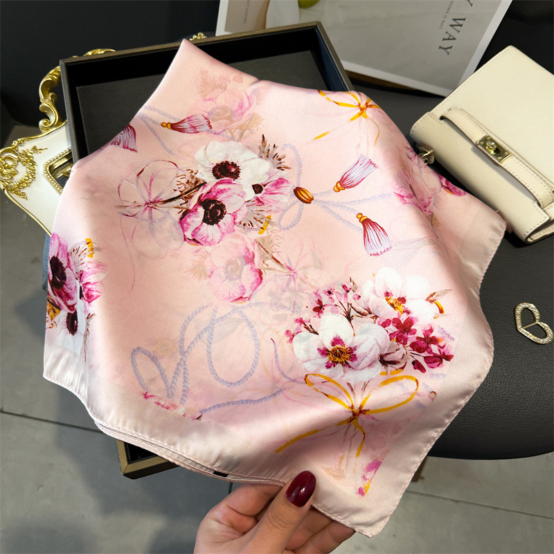Foulard carré floral 70x70cm pour femme, en satin, pour le cou, les cheveux, bandana, écharpe de plage, hijab, pareo