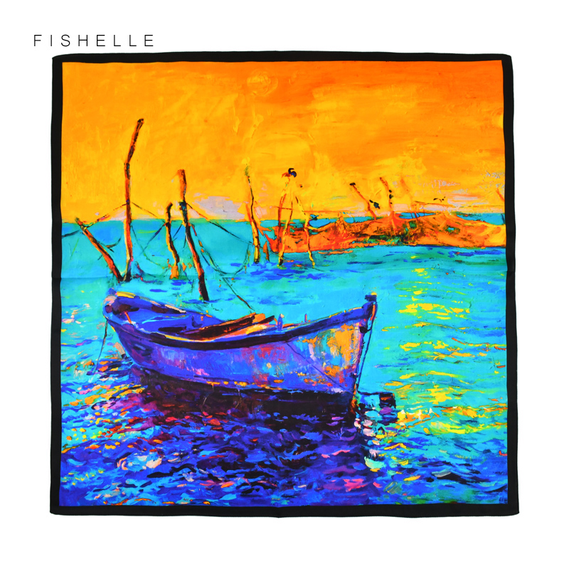 Foulards en soie naturelle pour femmes, peinture à l'huile, bleu et jaune, satin de soie véritable, petit carré de 50cm, écharpe fine, hijab pour dames, printemps