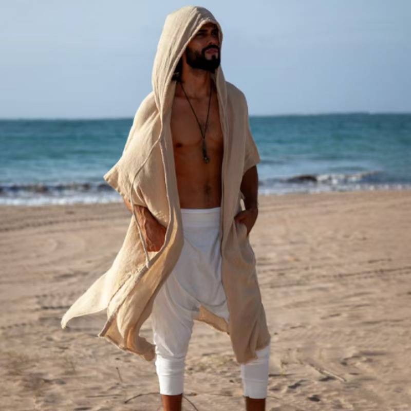 Cardigans d'été mi-longs pour hommes, amples et décontractés, vêtements de Protection solaire, Style vacances à la plage, manteau châle ample, Cape longue à capuche
