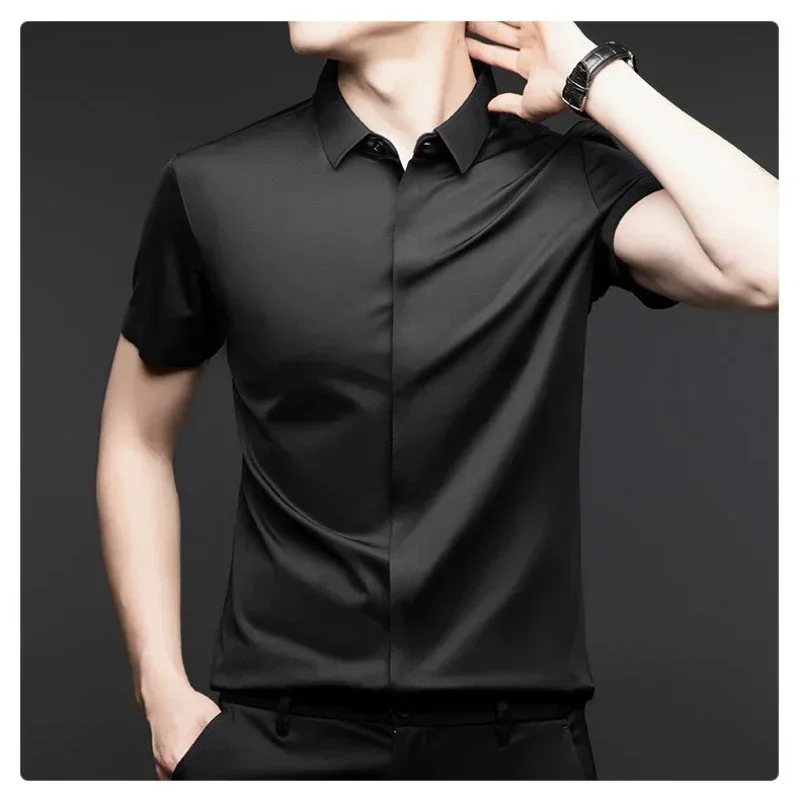 Chemises habillées en soie de mûrier pour hommes d'affaires, haut de gamme, boutons résistants aux rides, hauts élastiques invisibles, vêtements luxueux de qualité masculine