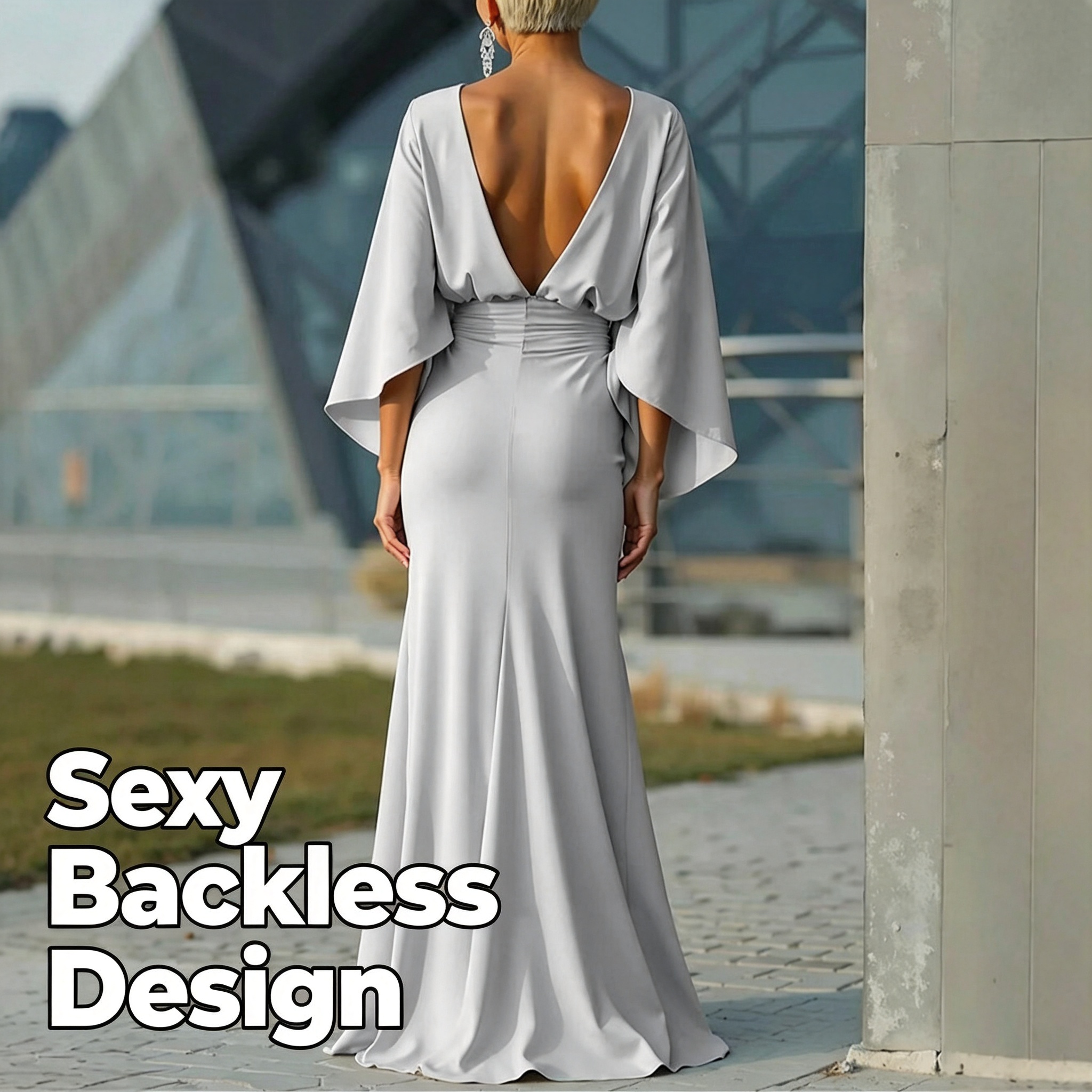 Robe de soirée élégante à manches chauve-souris, dos nu, taille froncée, coupe sirène, longue, formelle, pour invitées de mariage, soirée ou bal de promo, avec poches