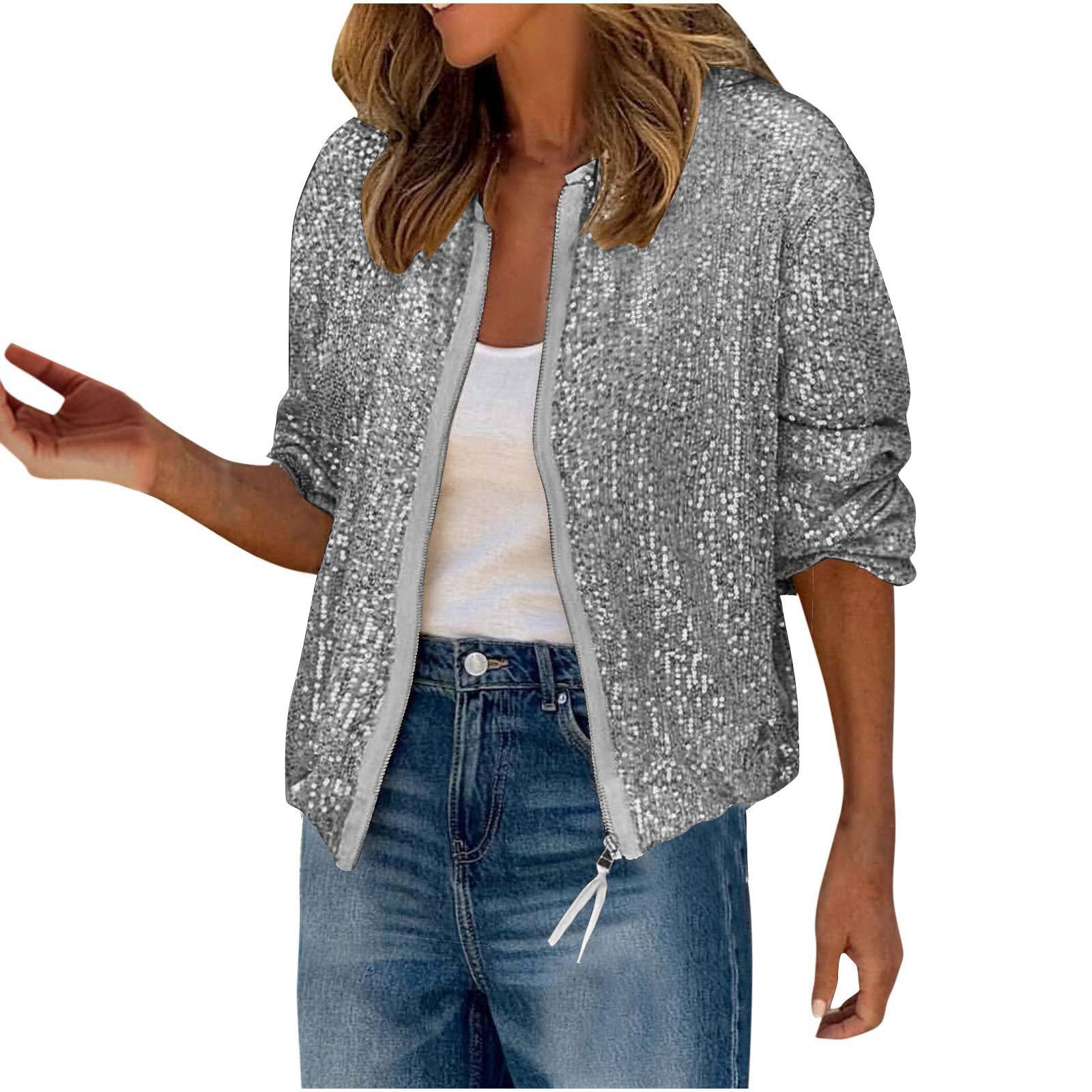 Veste à paillettes scintillantes pour femmes, coupe cintrée, couleur unie, fermeture éclair, manteaux à la mode, boîte de nuit, Streetwear, manteaux à paillettes brillantes pour femmes