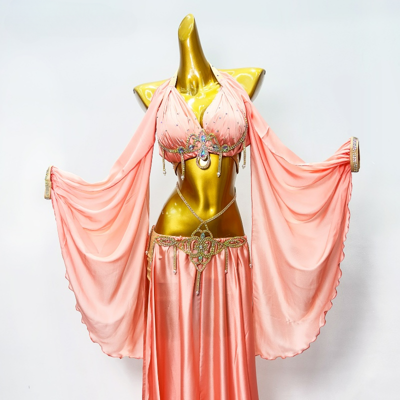 Ensemble de olympiques de performance de danse du ventre pour femmes, soutien-gorge et jupe longue fendue en satin, tenue de danse du ventre financièrement personnalisée pour adultes et enfants, 2 pièces