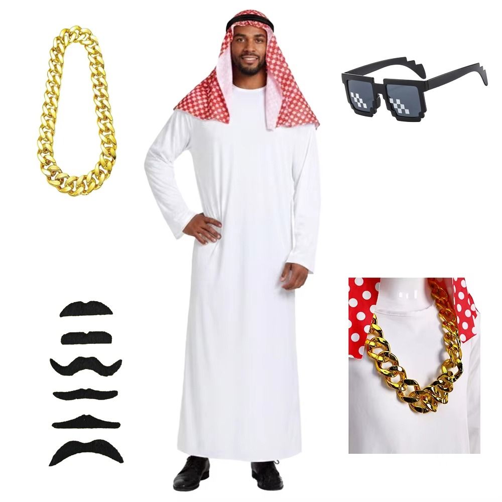 Robe blanche, costume arabe, foulard rouge, ensemble de cosplay, robe arabe, faux collier en or, robe de scène de style Dubaï moyen-oriental