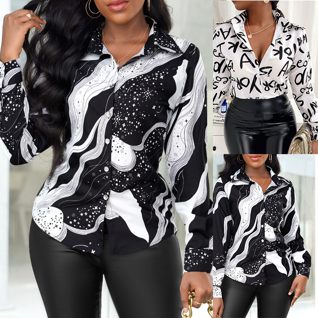Chemise à manches longues boutonnée sur le devant pour femme, haut décontracté, lettre imprimée, printemps, automne