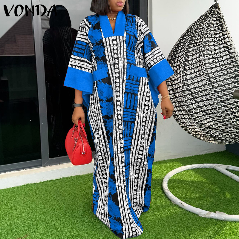 Grande taille 5XL VONDA Vintage Robe imprimée femmes été fête Maxi Robe col en v 3/4 manches décontracté surdimensionné bohème longue Robe