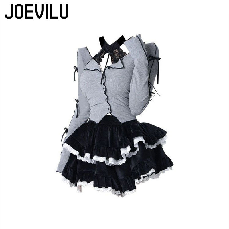 Gothic Skirt Set Bow Tie Tied Top Ballet Style Skirt 2 Piece Sets Lace Corduroy Mini Cake Layered Skirt Women Outfits Y2k Suit