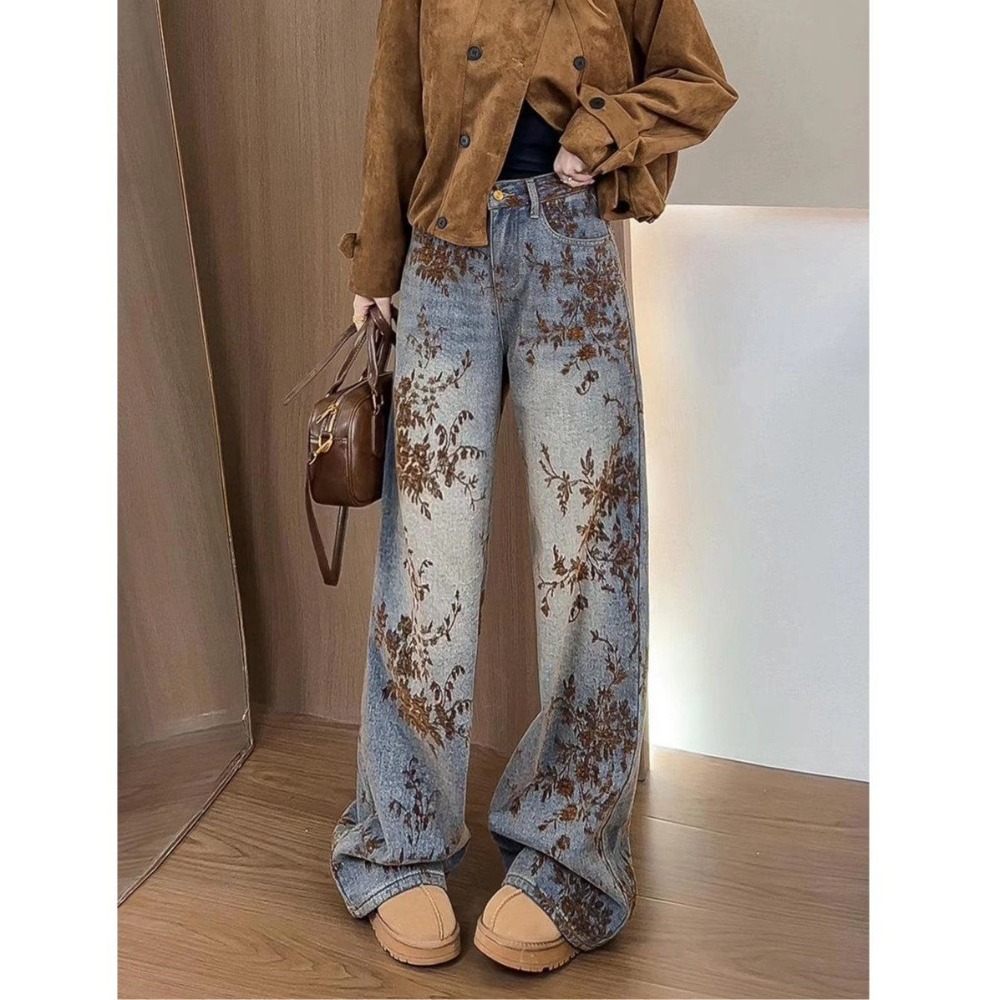 Jean large en jacquard floqué pour femme - Nouvelle collection hiver 2025, taille haute, amincissant, coupe droite