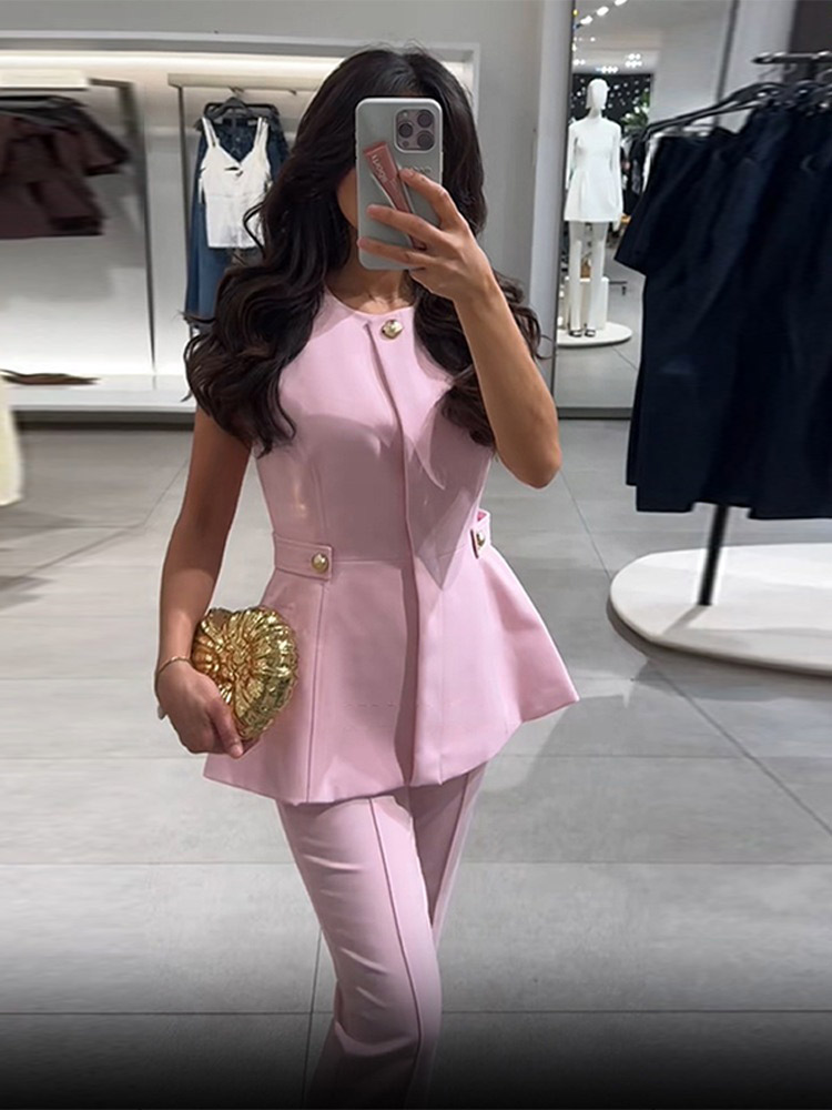 Femmes taille fermée gilet pantalon costumes sans manches col rond solide dame ensembles 2025 été automne mode 2 pièces ensemble femmes tenues