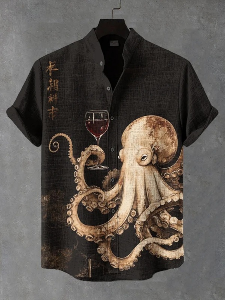 Bureau homme chemises noires hommes poulpe boire du vin rouge Art imprimé chemise décontractée Vintage fête à manches courtes 2025 boutons tunique haut