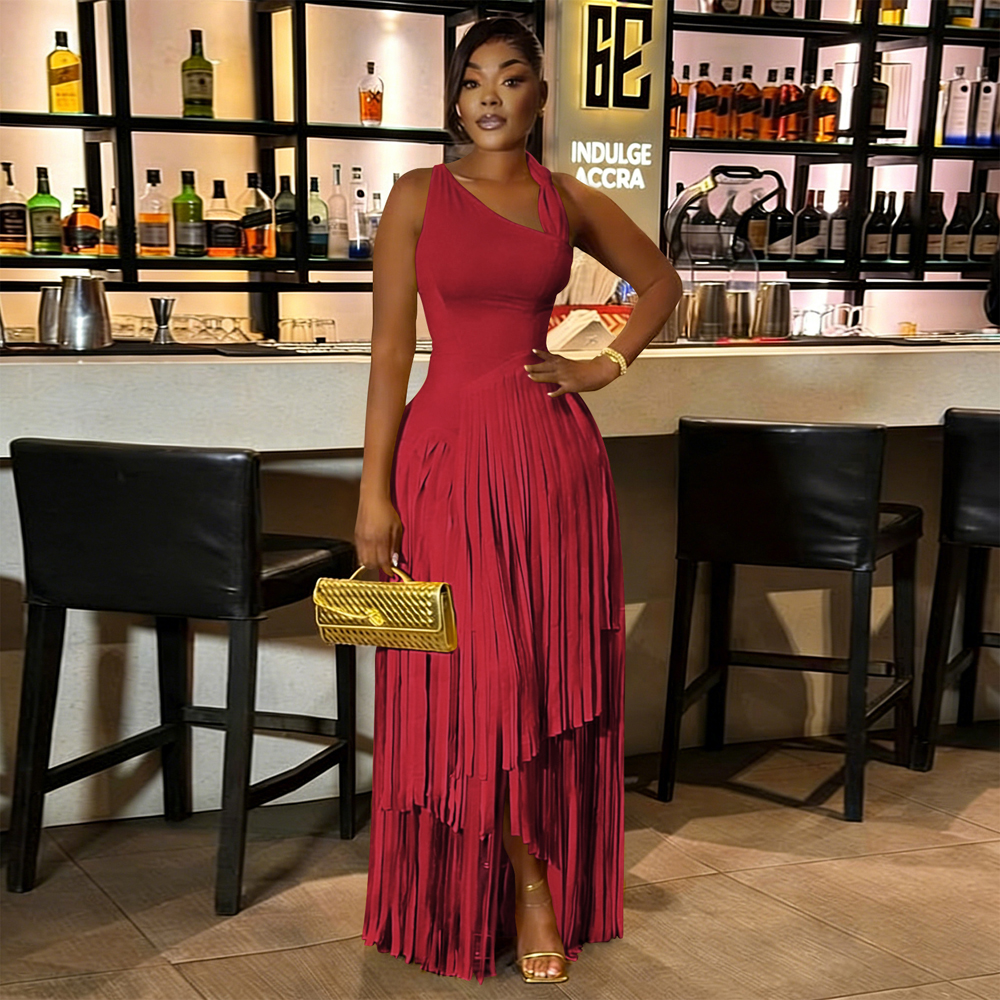 Robe longue asymétrique à franges et à col halter pour femmes, sans manches, plissée, à coupe asymétrique, robe de soirée africaine pour mariage ou réception.
