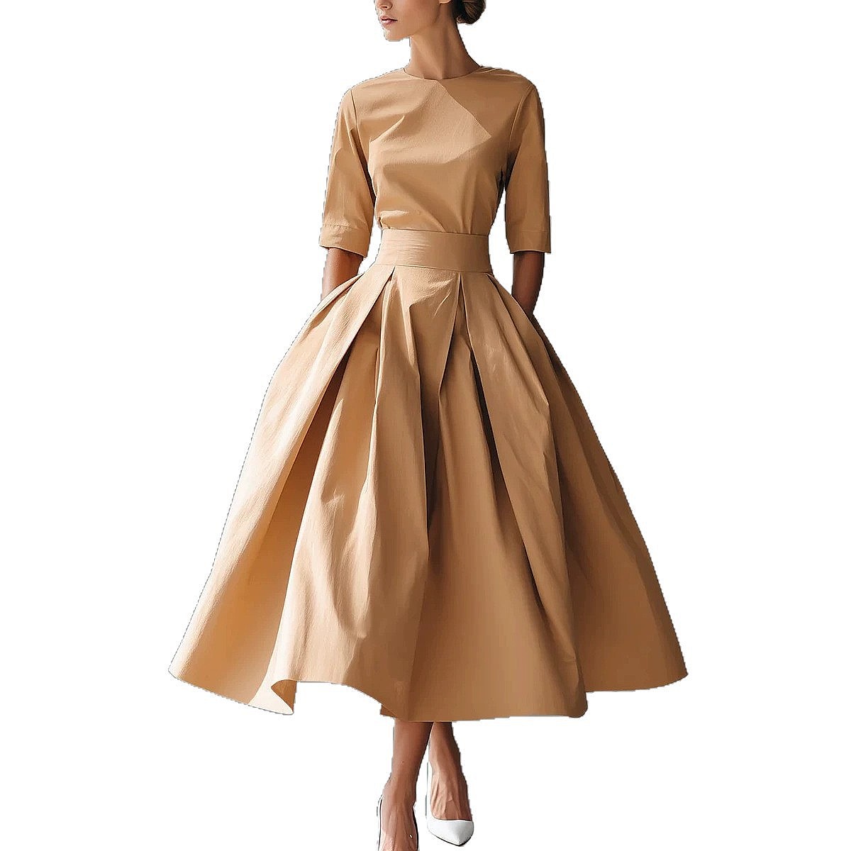 Robe élégante coupe trapèze, manches courtes, couleur unie, fluide, mi-longue, pour le printemps et l'été, ensemble assorti