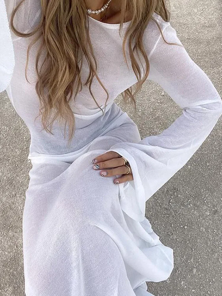 Longue robe blanche transparente, dos nu, taille haute, épissée, manches longues, couleur unie, tenue de plage, été