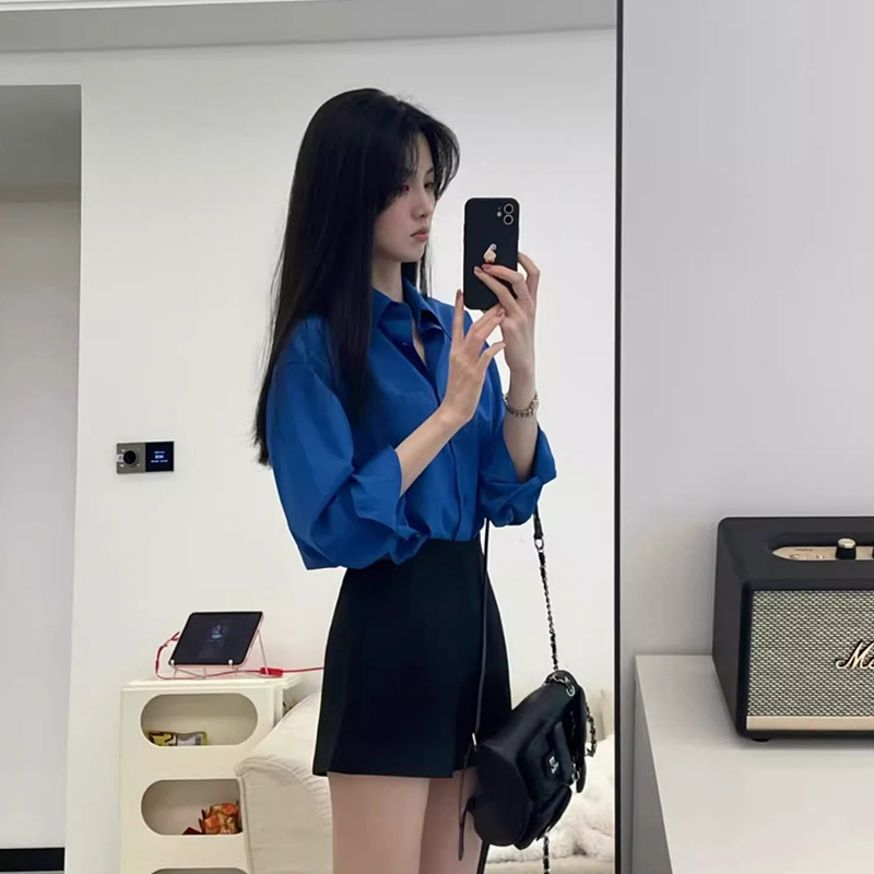 Chemise bleue amincissante à manches longues pour femmes, chemisier décontracté de Style de rue, couleur unie, polyvalent, basique, col rabattu, printemps automne