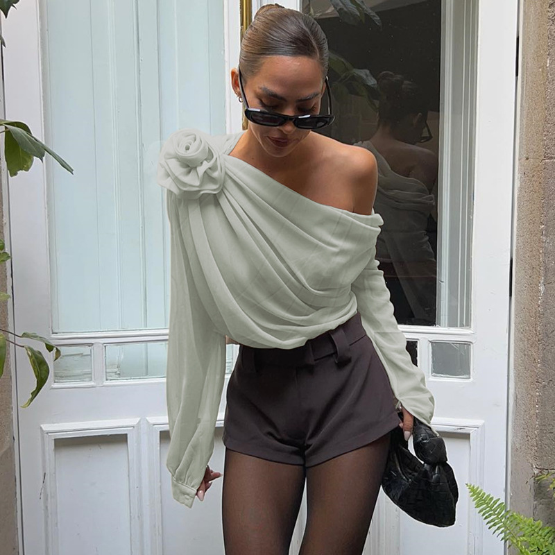 Chemisier en mousseline de soie pour femme, chemise à la mode, avocat, fleurs 600 aught Slash Neck, printemps, été, vêtements d'extérieur féminins