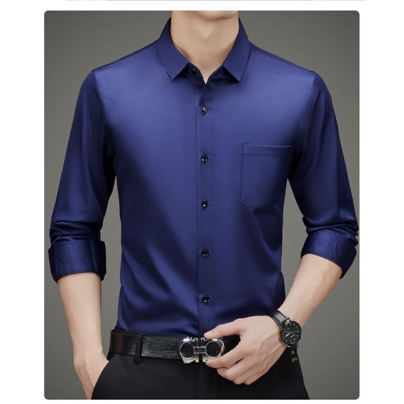 Chemise en soie de mûrier pour hommes, haute qualité, manches longues, poches, haut de gamme, Business, décontracté, élastique, Anti-rides, sans repassage