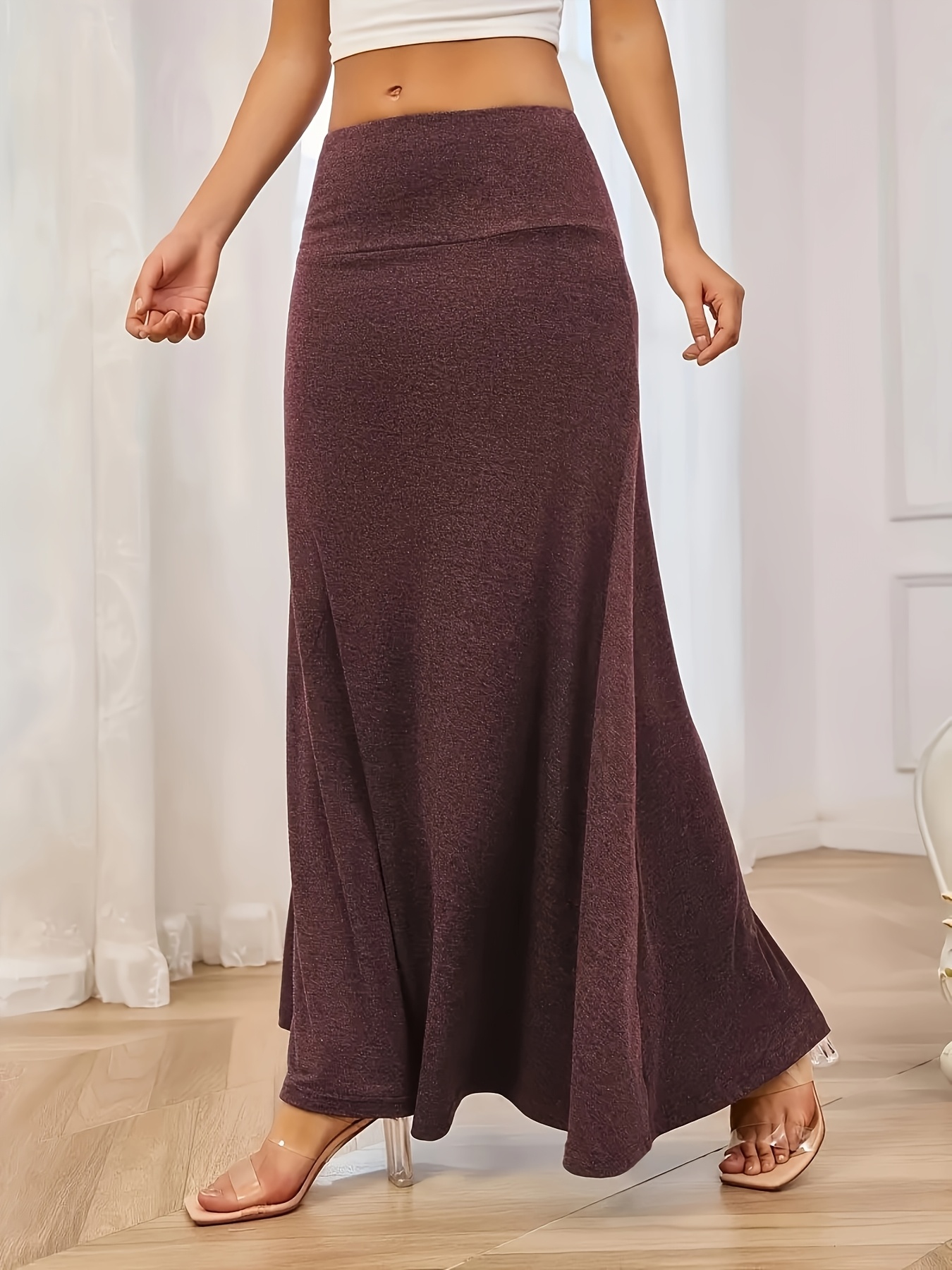 Jupe longue évasée taille haute en tricot élastique grande taille 1XL-5XL unie amincissante polyvalente pour le quotidien