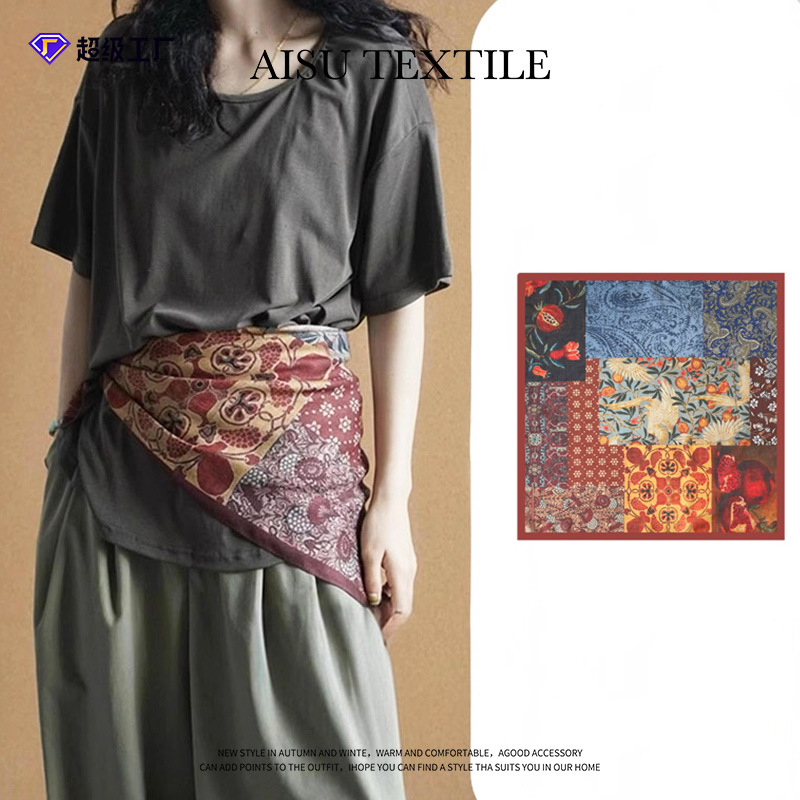 Rétro peinture à l'huile coton lin bandeau soie petite écharpe carrée femmes conception mince taille écharpe décorative bandeau foulard 4w923