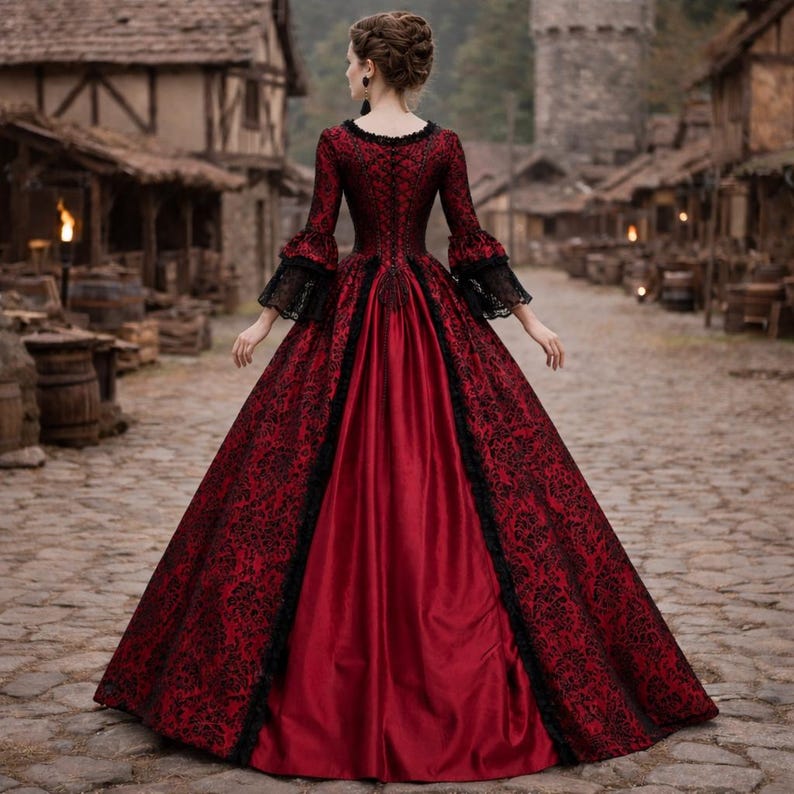 Robe maxi gothique médiévale pour femmes, robe de cosplay à col carré en dentelle et manches évasées de la Renaissance
